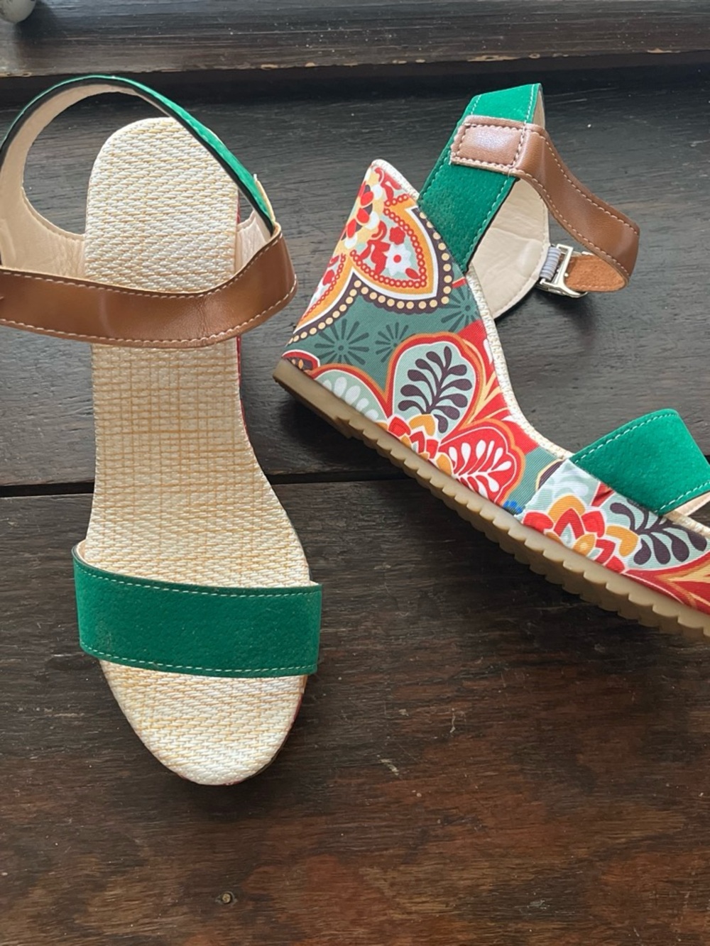 Amazon Women's Green Suede Wedge Sandals with Floral Printed Wedge